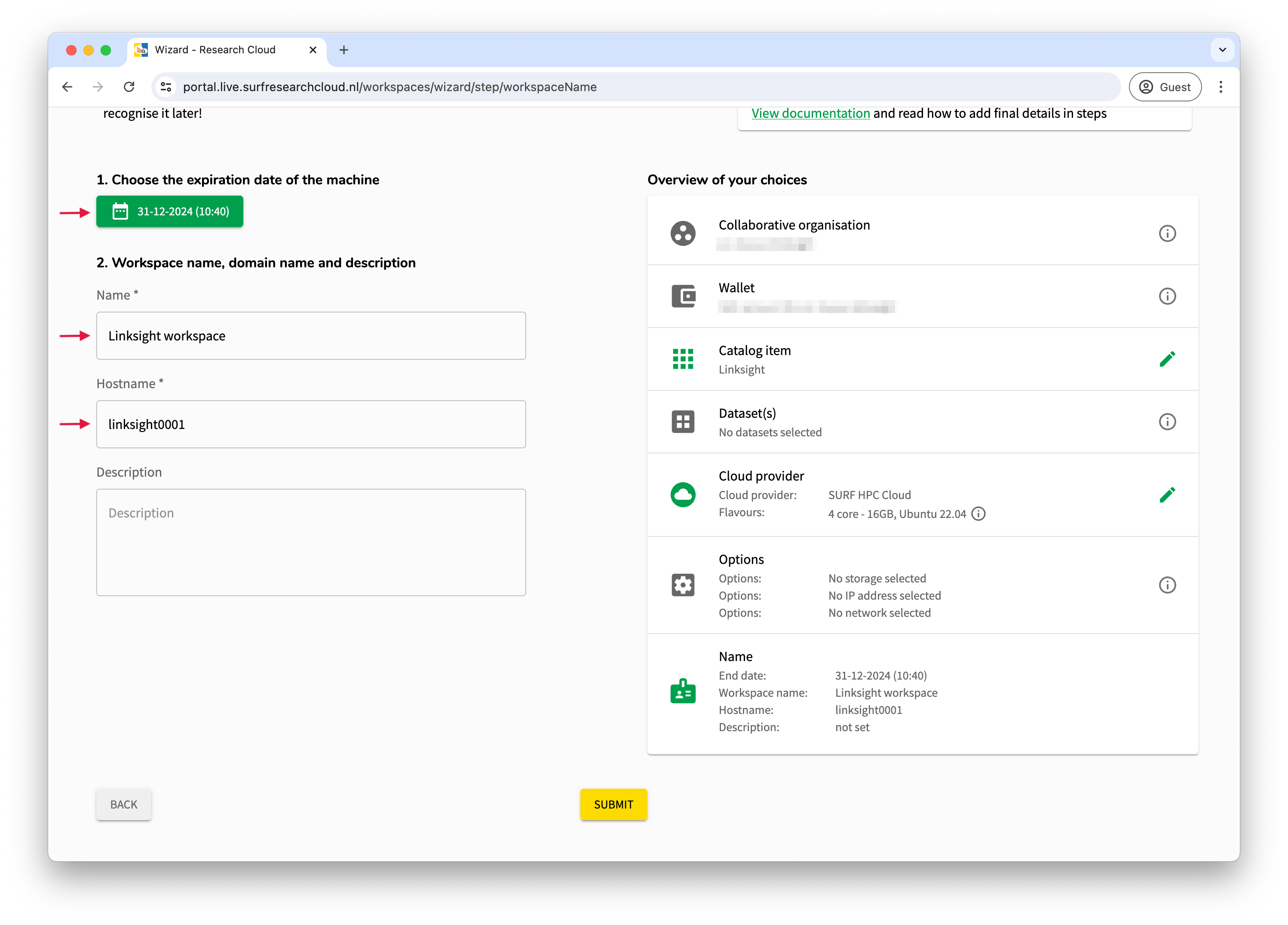 Surf Research Cloud workspace settings