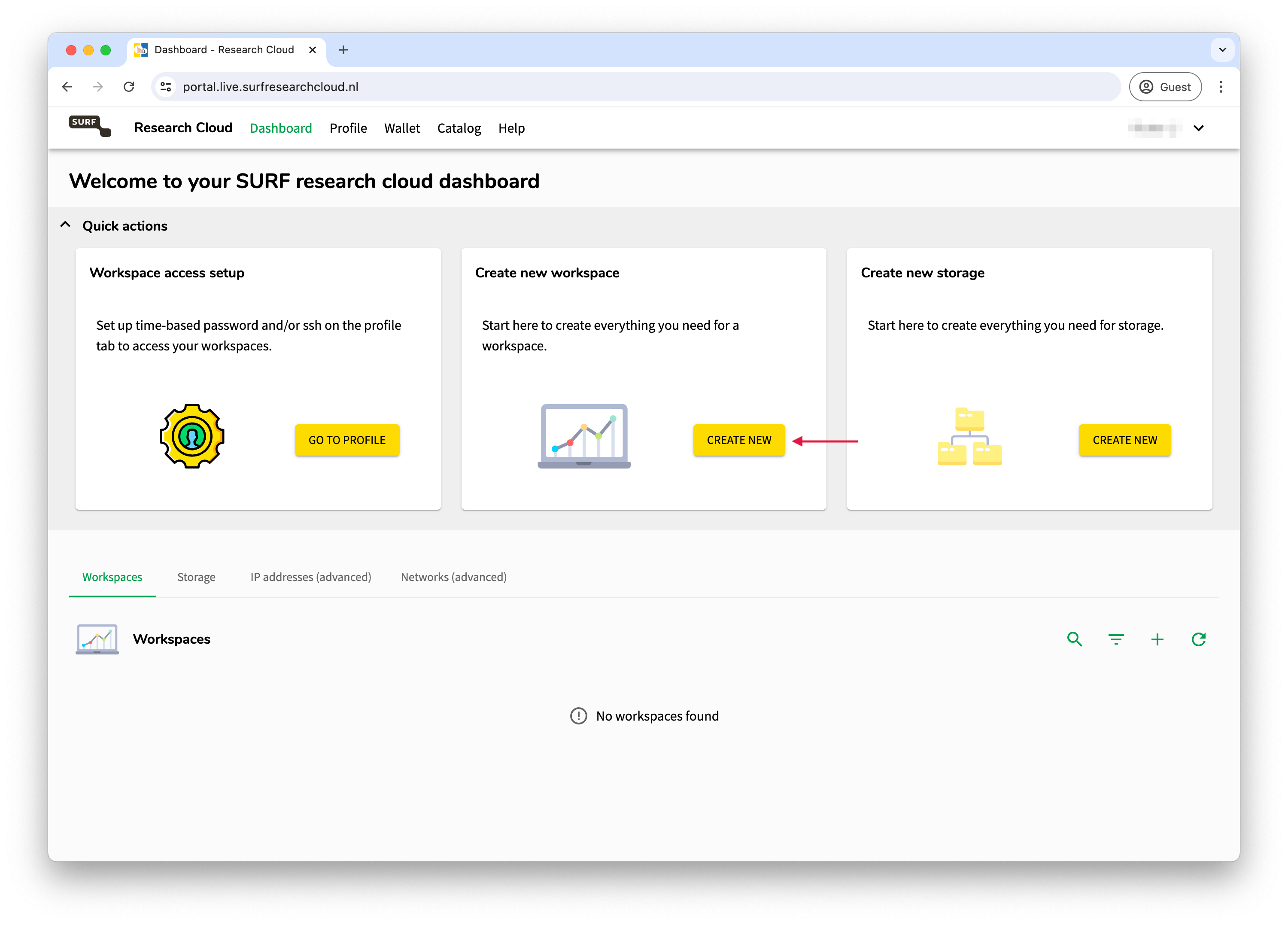 Surf Research Cloud dashboard