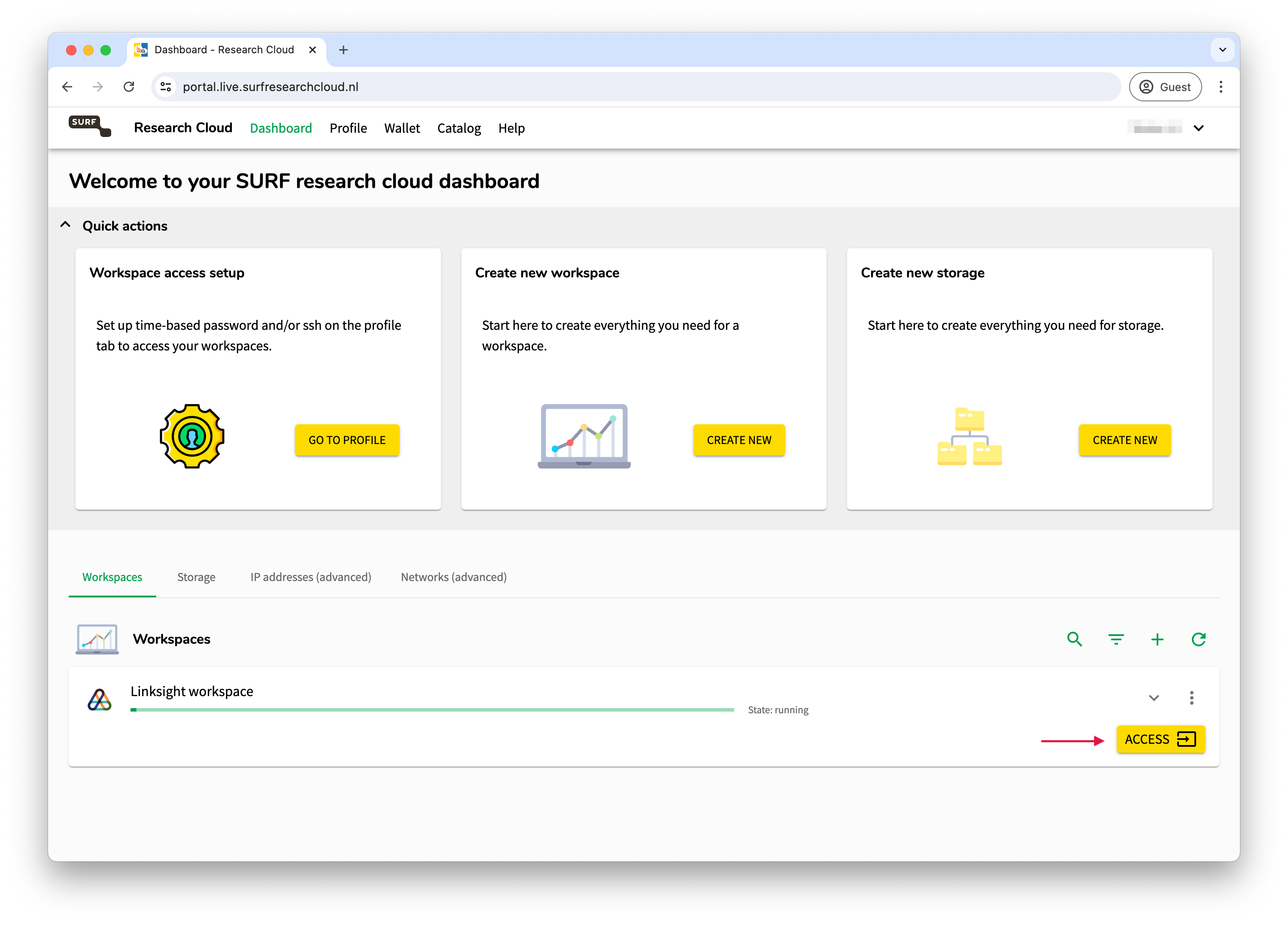 Surf Research Cloud dashboard